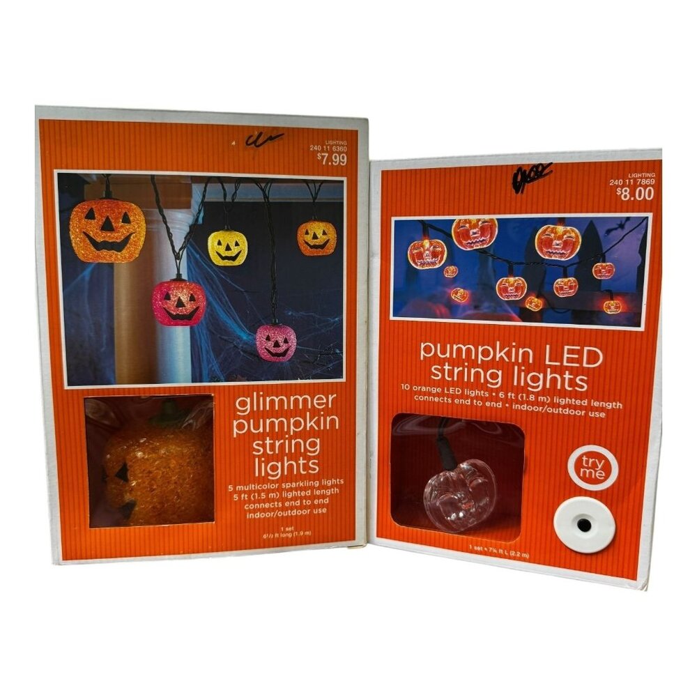 Lot of 2 Pumpkin String Lights Orange LED Multi Indoor/Outdoor Halloween Decor